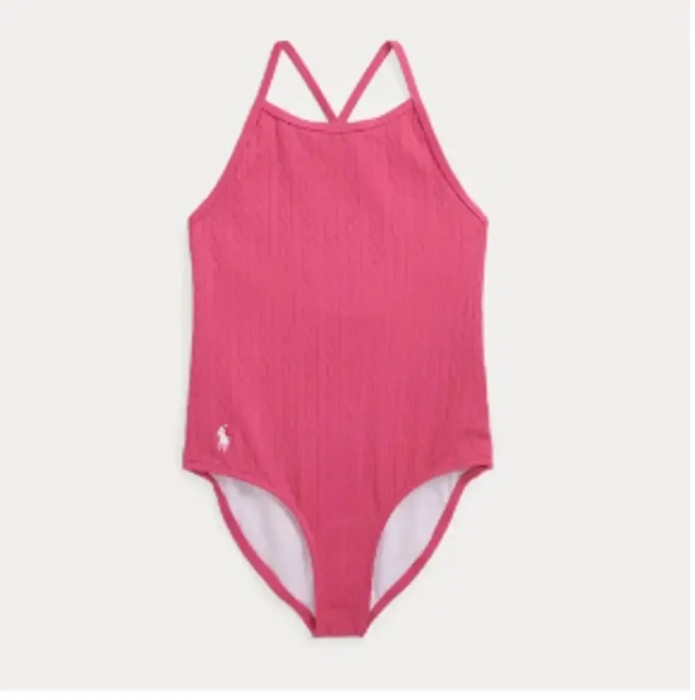 POLO RALPH LAUREN Girl's Jacquard One-Piece Swimsuit Size 7 Pink Stretch NWT